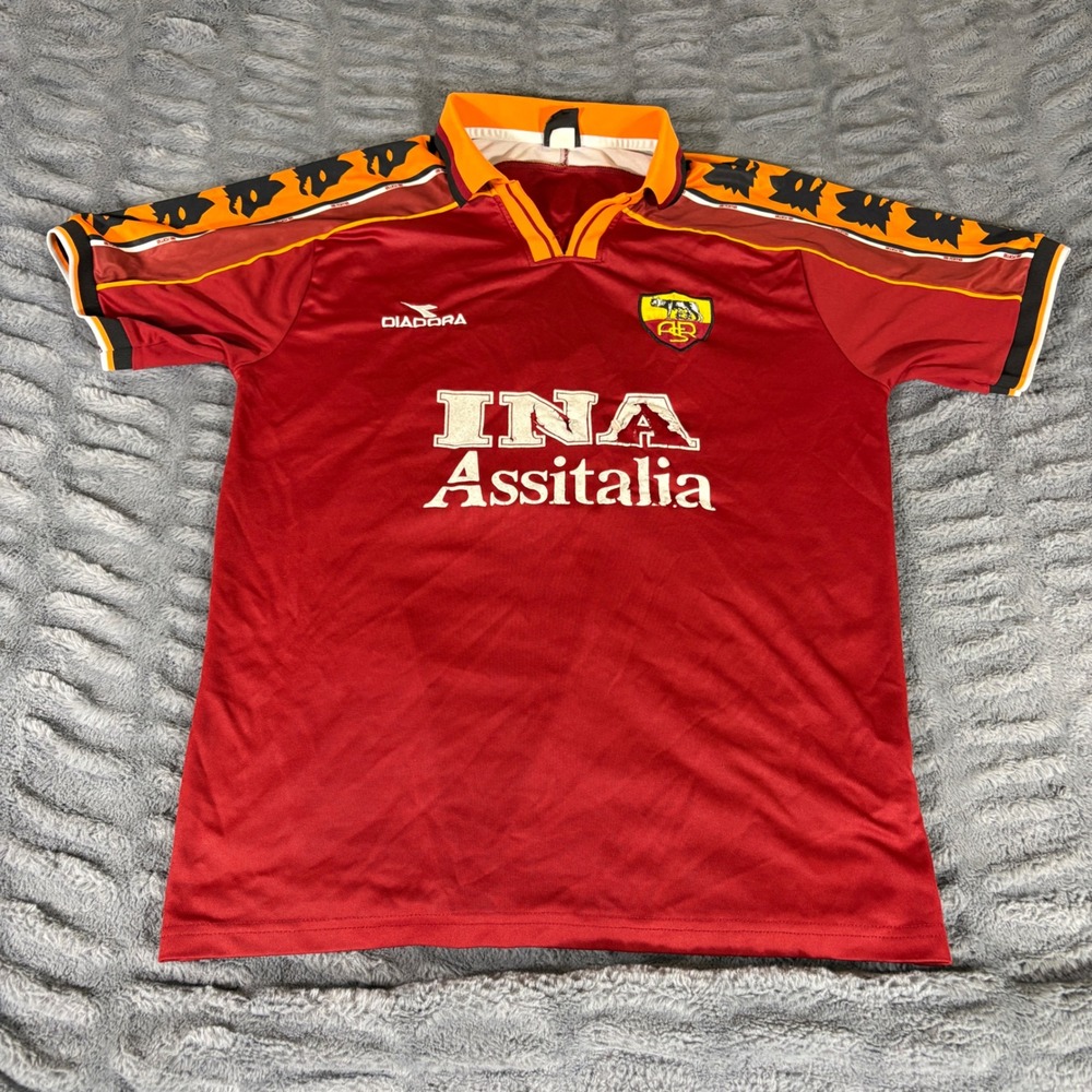 Vintage Diadora AS Roma 1998-99 Totti 10 Home Soccer Jersey Maroon Mens Medium